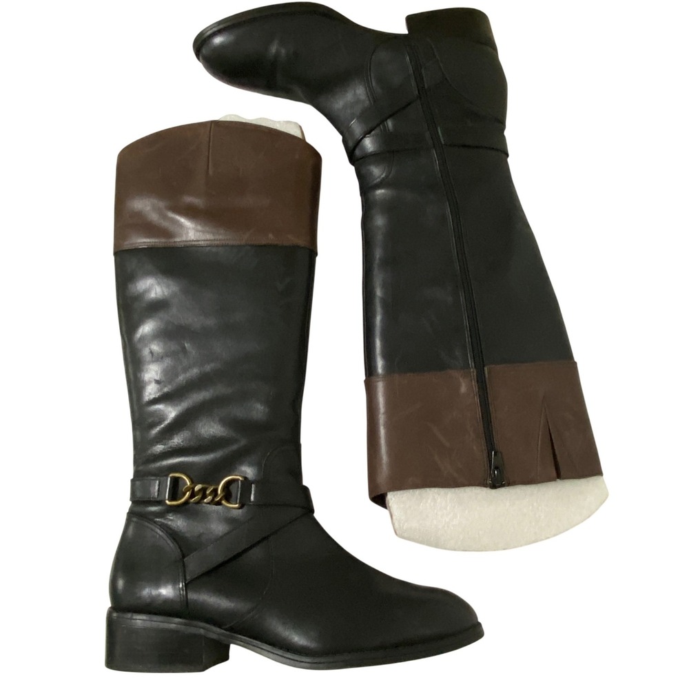 Lauren Ralph Lauren Menna Black Brown Tall Leather Riding Boots Chain Accent 11B